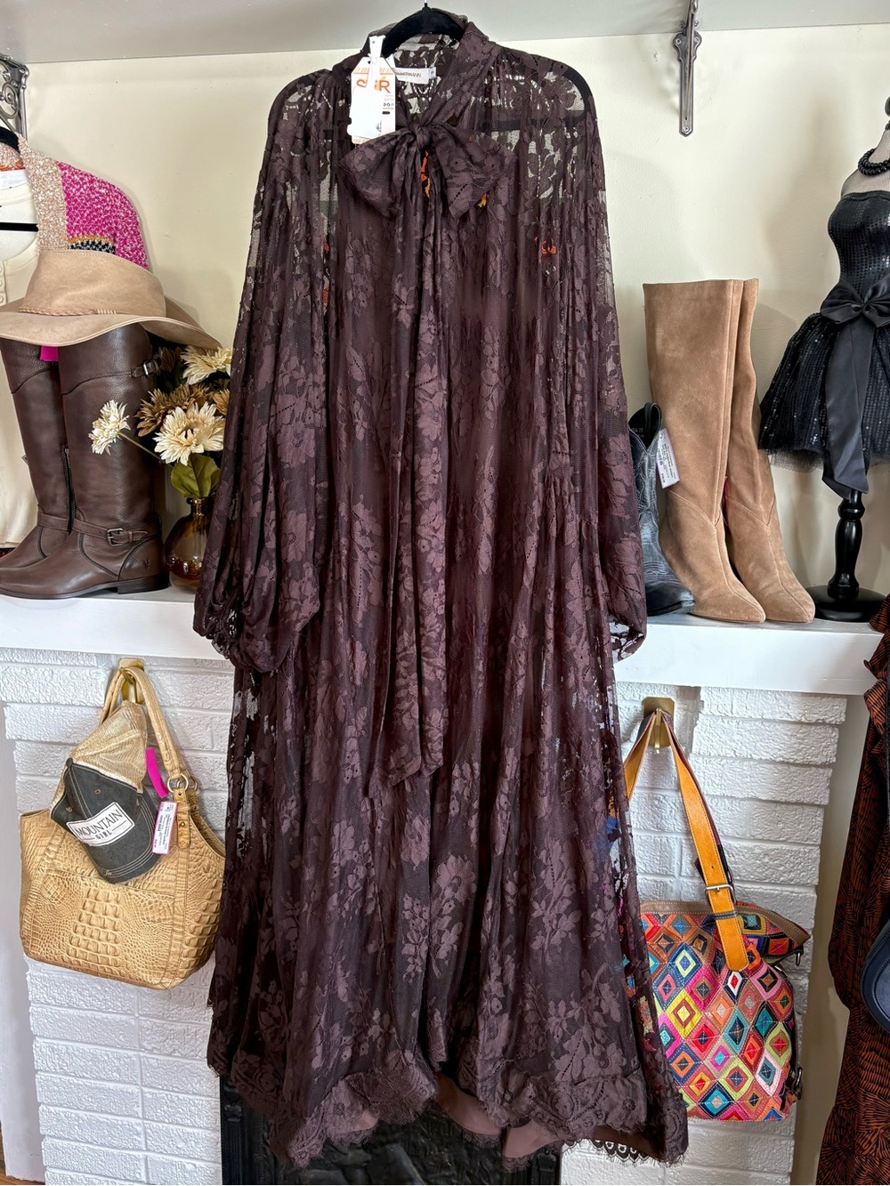 Zimmermann Dark Brown Lace Tie-Neck Maxi Dress